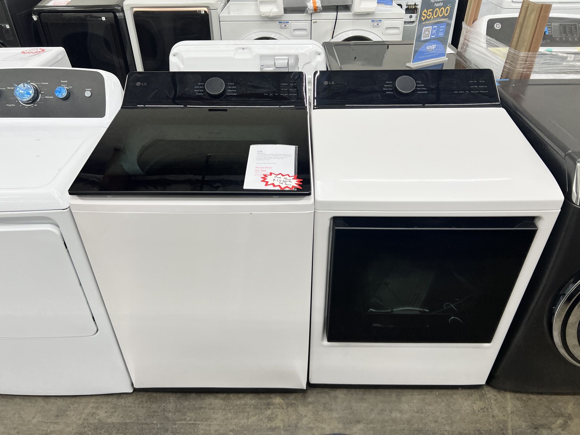 New LG 5.5 cuft top load washer with impeller and gas dryer in white