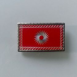 Belt Buckle: Vintage Red Enamel  - Silver Geometric Sunburst Design 