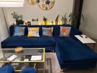 Navy Blue Velvet Sectional Couch with pillows