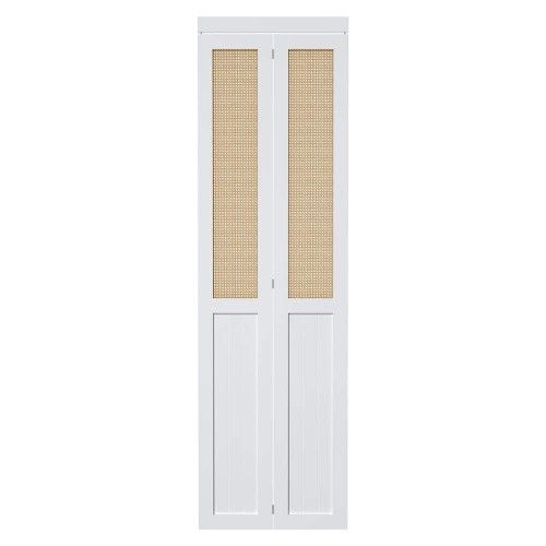 24 in. x 80 in. Paneled Solid Core White Finished Wood and Rattan Weaving Bi-Fold Door w/ Hardware