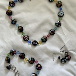 Glass Beads Neclace, Bracelet, Earrings Black With Colored Beads Inbetween.  