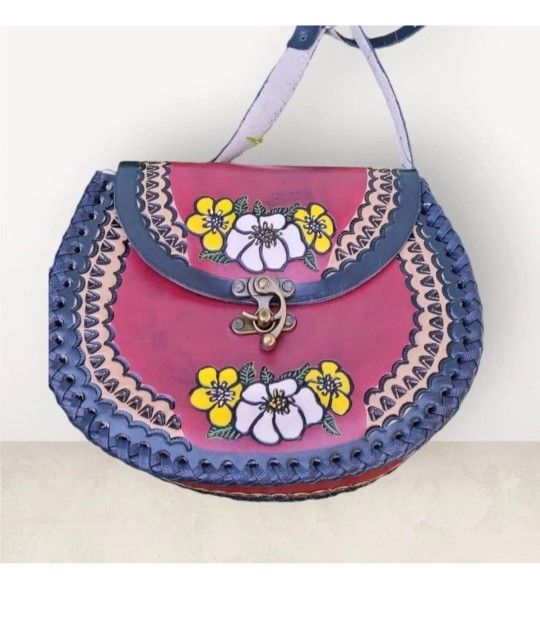Mexican Hand Tooled Leather Handbag Purse Genuine Leather FLOWERS 