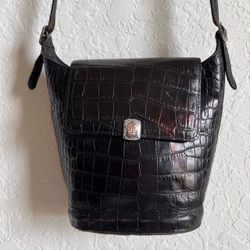 Lauren Ralph Lauren Black Croc-Embossed Leather Shoulder Crossbody Bag
