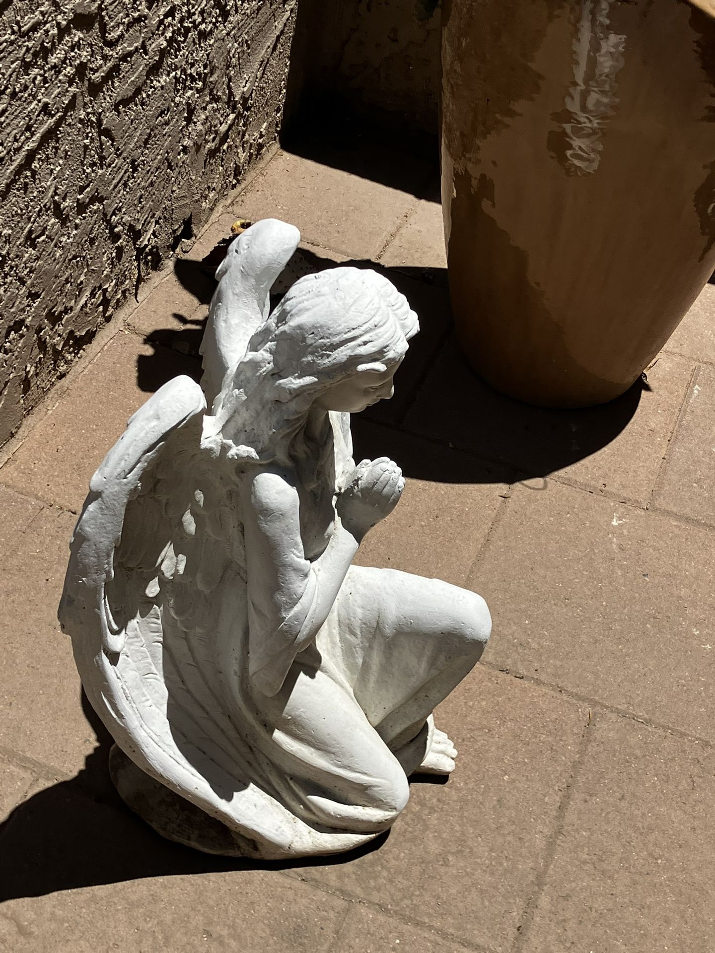 2 Ceramic Garden Decorations One Angle And One Fairy And Large Terra Cotta Glazed Brown Earth Tone Pot