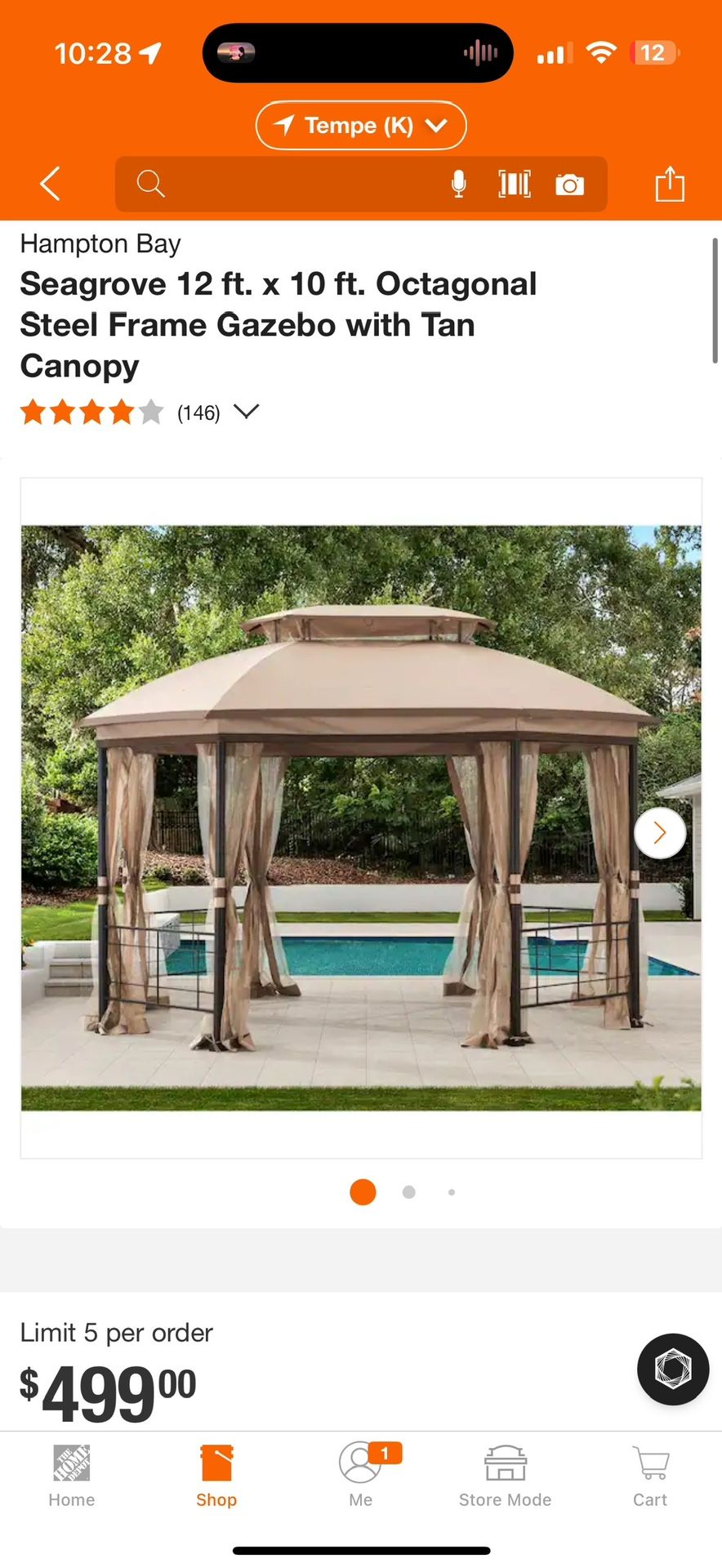 Hampton Bay Seagrove 12 ft. x 10 ft. Octagonal Steel Frame Gazebo with Tan Canopy New $220