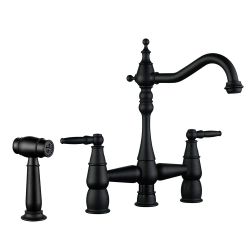 4 Hole Double Handle Bridge Kitchen Faucet with Side Sprayer Deck Mount in Matte Black