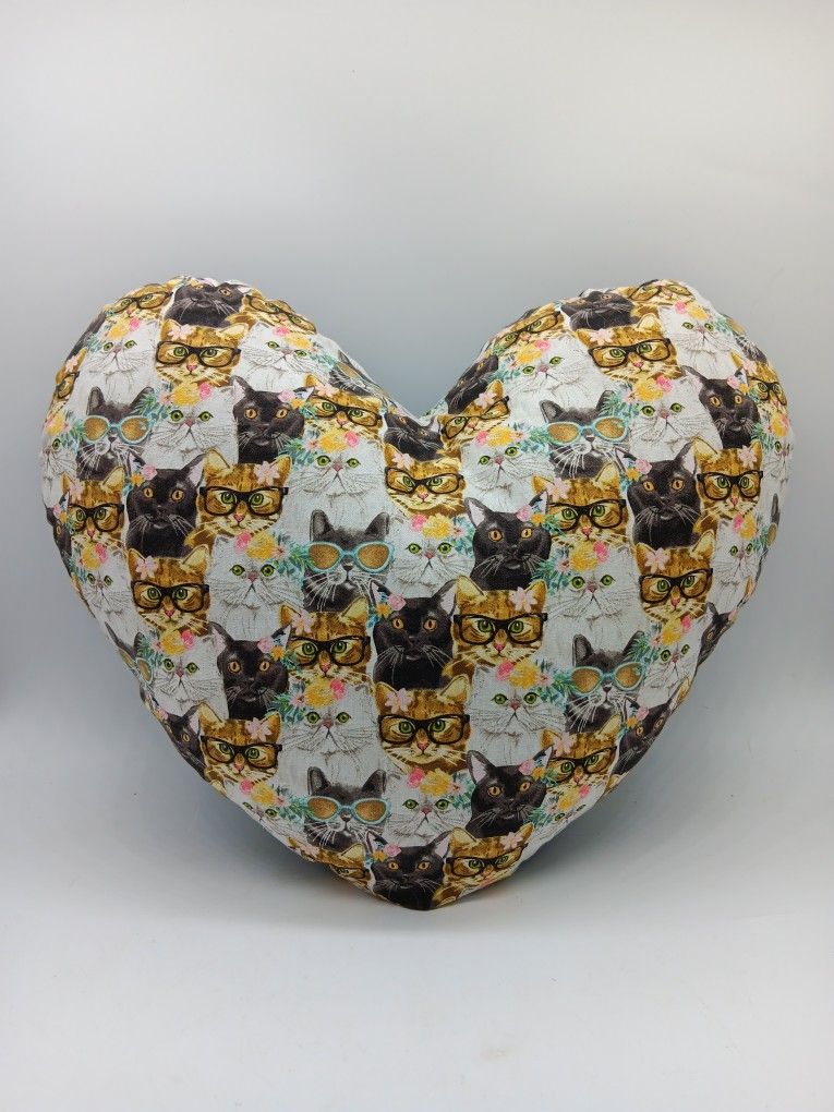 Vintage Kitty Cat Wearing Glasses Home Decor Heart Shaped Throw Pillow.