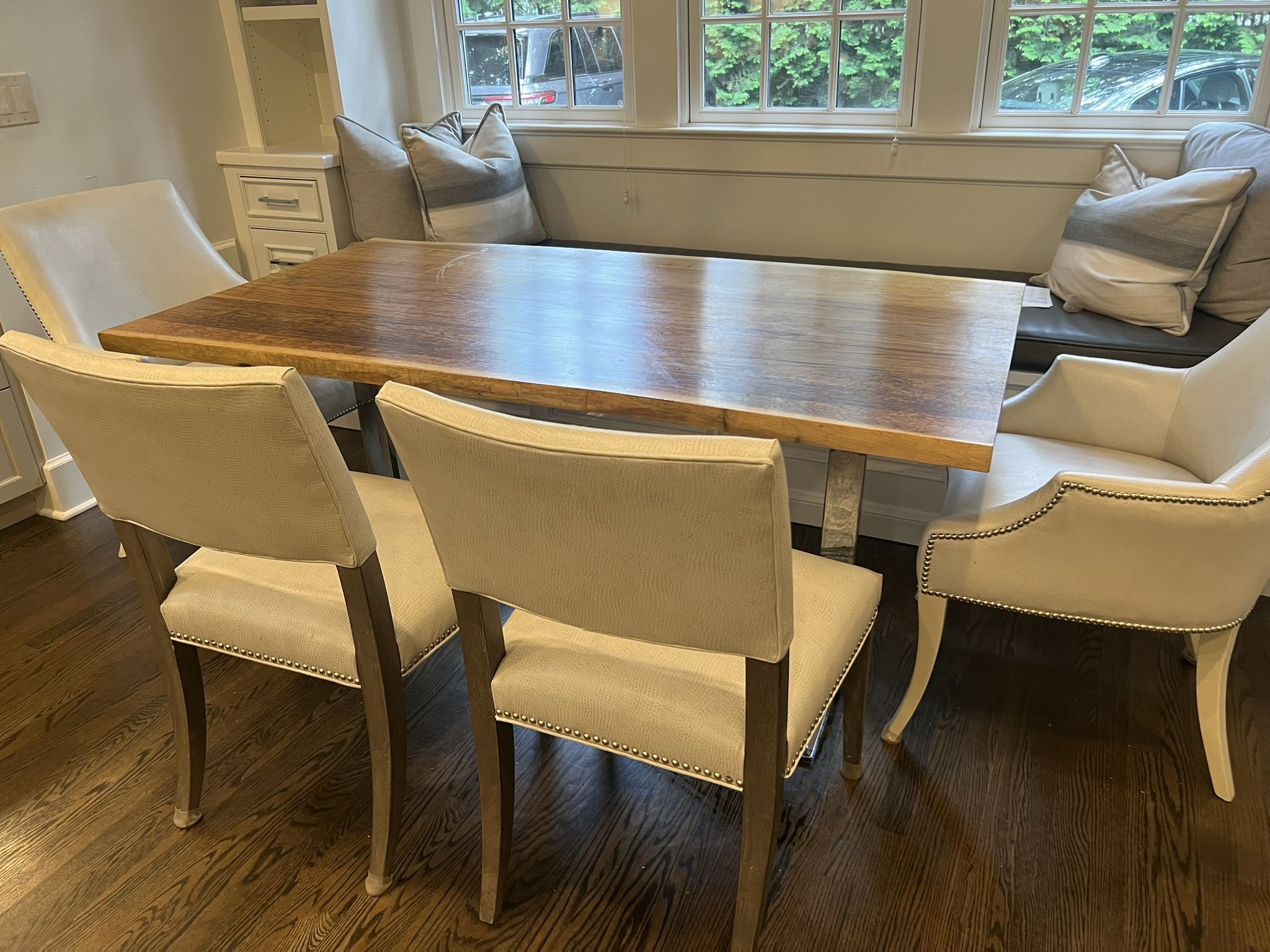 Fabulous Custom Made Live Edge Kitchen Table and 4 Faux Leather Chairs 