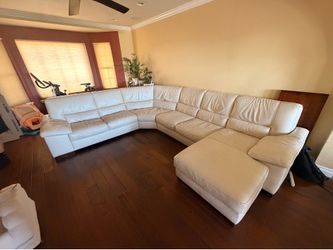 Cream Leather Sectional Sofa with Chaise