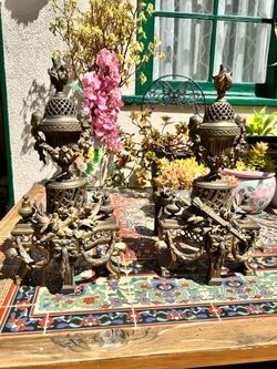 Pair Antique French Louis XVI Bronze Dore Chenets Fireplace Andirons Cherubs