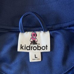 Vintage Y2K Kidrobot blue track jacket with light blue stripes on sleeves, size L #kidrobot #trackjacket bbc bape ice cream