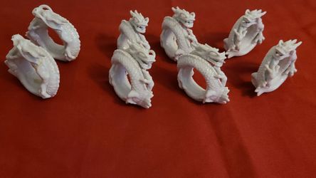 Vintage Set of 8 Fitz & Floyd White Ceramic Dragon Napkin Rings Japan