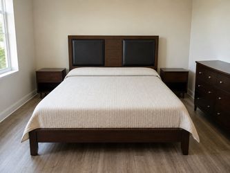 Dark Wood Queen Bed Frame with Upholstered Headboard