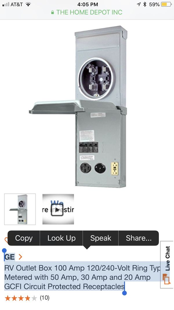 GE RV Outlet Box 100 Amp 120/240Volt Ring Type Metered with 50 Amp, 30