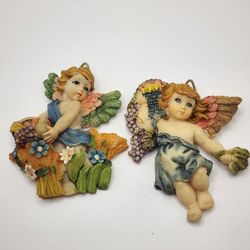 Resin Figurine Set of 2 Angel Cherub Multicolor Floral Hand Painted Theme