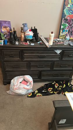 Dark Wood Dresser, nightstand and queen bed frame
