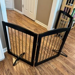 Black Wood & Gold Metal 4-Panel Freestanding Baby/Dog Safety Gate w/Support Feet - 80"W x 24"H 