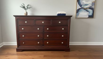Delivery Available! Modern Brown Wooden 9 Drawer Bedroom Dresser Bureau Chest! All drawers are clean slide great, cosmetic wear on top.  64x18x42.5in