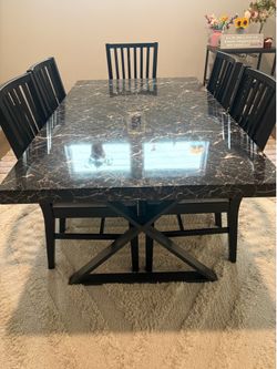 Dining Table Set – Marble Look Table + 6 Chairs – Excellent Condition