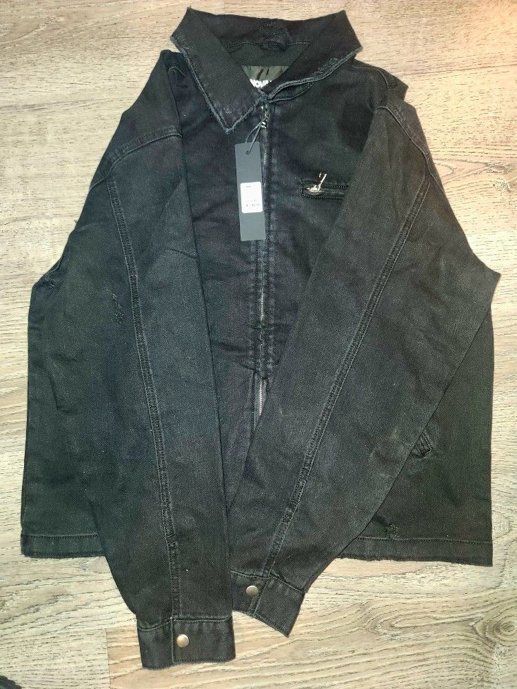 Distressed Zip Denim Jacket - Black Size-M