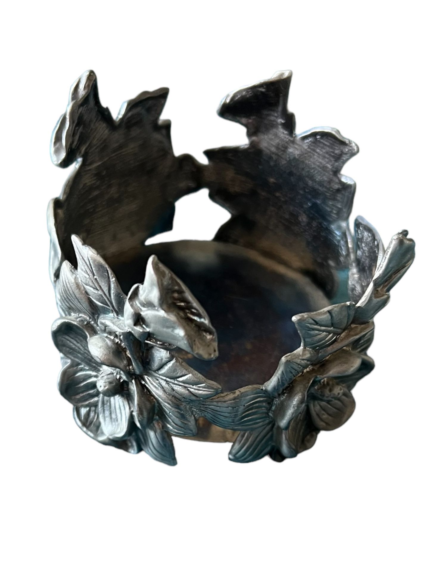 Magnolia Ring Candle Holder Sleeve  Pewter For 3" Round Pillar Candle GUC   This Magnolia Ring Candle Holder Sleeve is a beautiful addition to any roo