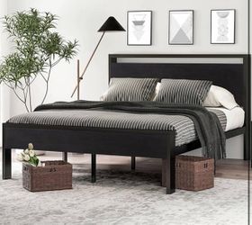 14 Inch Full Size Metal Platform Bed Frame with Wooden Headboard and Footboard, Black Oak