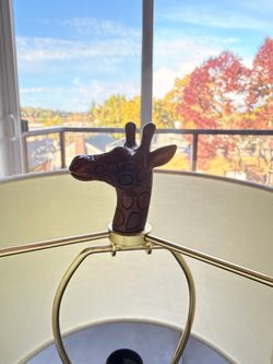 Bronze Giraffe Table Lamp with Linen Drum Shade & Matching Finial