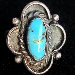 Antique Southwestern Turquoise and Dark Patina Sterling Silver Ring