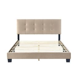 Brand New Tan Linen Queen Platform Bedframe