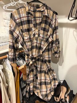Plaid Flannel Shirt Dress with Tie Waist