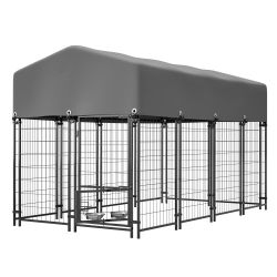 Dog Kennel Outdoor with Roof, 4.23'x7.81'x4.83' Welded Wire Enclosure, Heavy Duty Dog Crate with UV-Resistant Waterproof Cover, Double Lock & Rotating