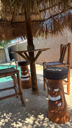 Tiki face bar stools set of four, Outdoor Bar Stools, High Wood Chairs Set Of Two, Tiki Themed