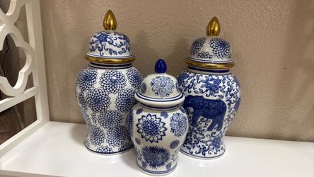 Blue and White Porcelain Ginger Jar Set of 3