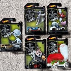 2018 HOT WHEELS  - THE NIGHTMARE BEFORE CHRISTMAS 25 YEARS -   SPECIAL EDITION –SET OF FIVE OF EIGHT.  $20.00