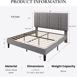 Full Size Velvet Bed Frame with Adjustable Headboard, Grey Vertical Channel Tufted Design, Upholstered Platform Bed, Wood Slats Support/No Box Spring 