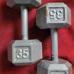 SET OF 35LB.  HEXHEAD DUMBBELLS TOTAL 70LBs  11525 S HALSTED DUNKIN DONUTS/7111.S WESTERN WALGREENS  
70$  CASH ONLY AS IS. (Will update pic tomorrow)