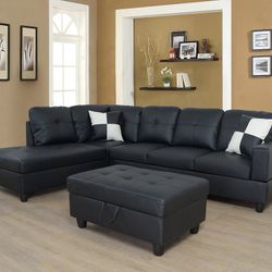 New Black Leather Sectional And Ottoman 