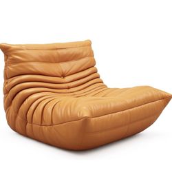 Togo Mid Century Modern Fireside Lounge Chair - Soft Faux Leather Floor Sofa - Cognac/Orange & side table