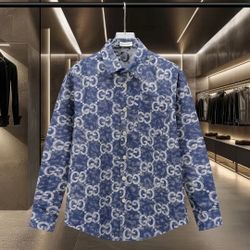 GUCCI classic double G full print denim shirt