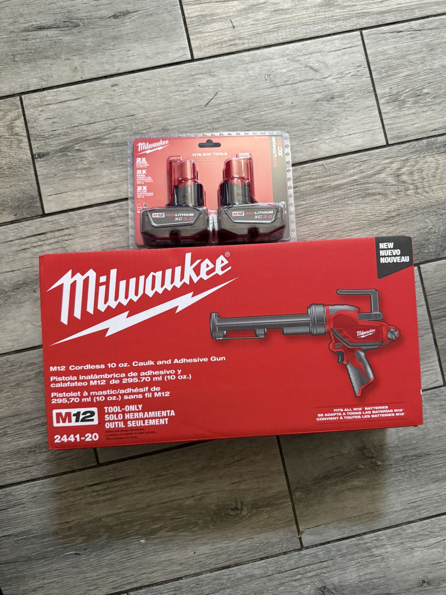 M12 12V Lithium lon Cordless 10 oz. Adhesive and Caulk Gun with 3.0 Ah Battery Pack (2 Pack)