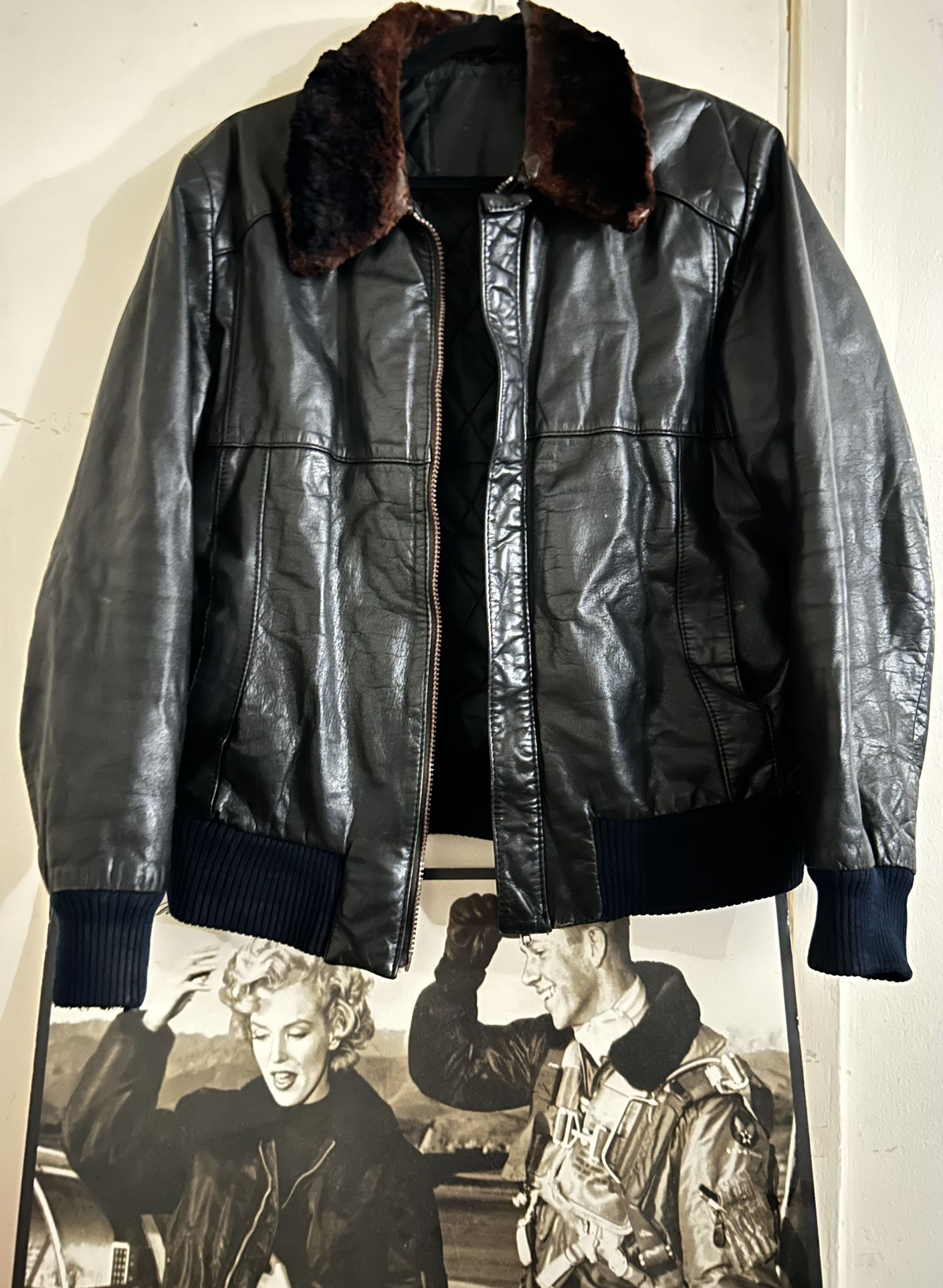 🔥 Vintage Aviator Leather Jacket — Real Fur Collar | Men’s XL | Heavy & Warm