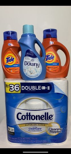 Cottonelle toilet paper 18 double rolls, (2) tide detergent 25 loads (1) Downy 40 loads. —$20 for all