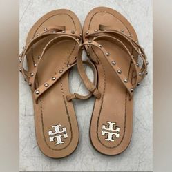 Tory Burch Designer Patos Tan Studded Strappy Calf Leather Thong Sandals 9.5