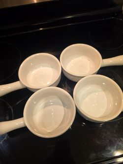 Set of 4 White Ceramic Soup Bowls with Handles