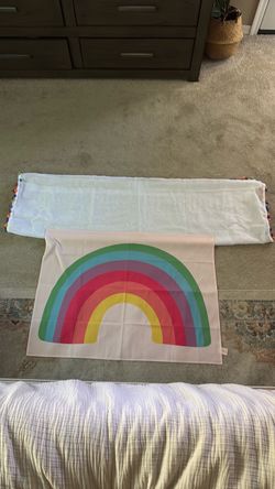 White Curtains with Colorful Pom-Pom Trim and Rainbow Flag 🌈