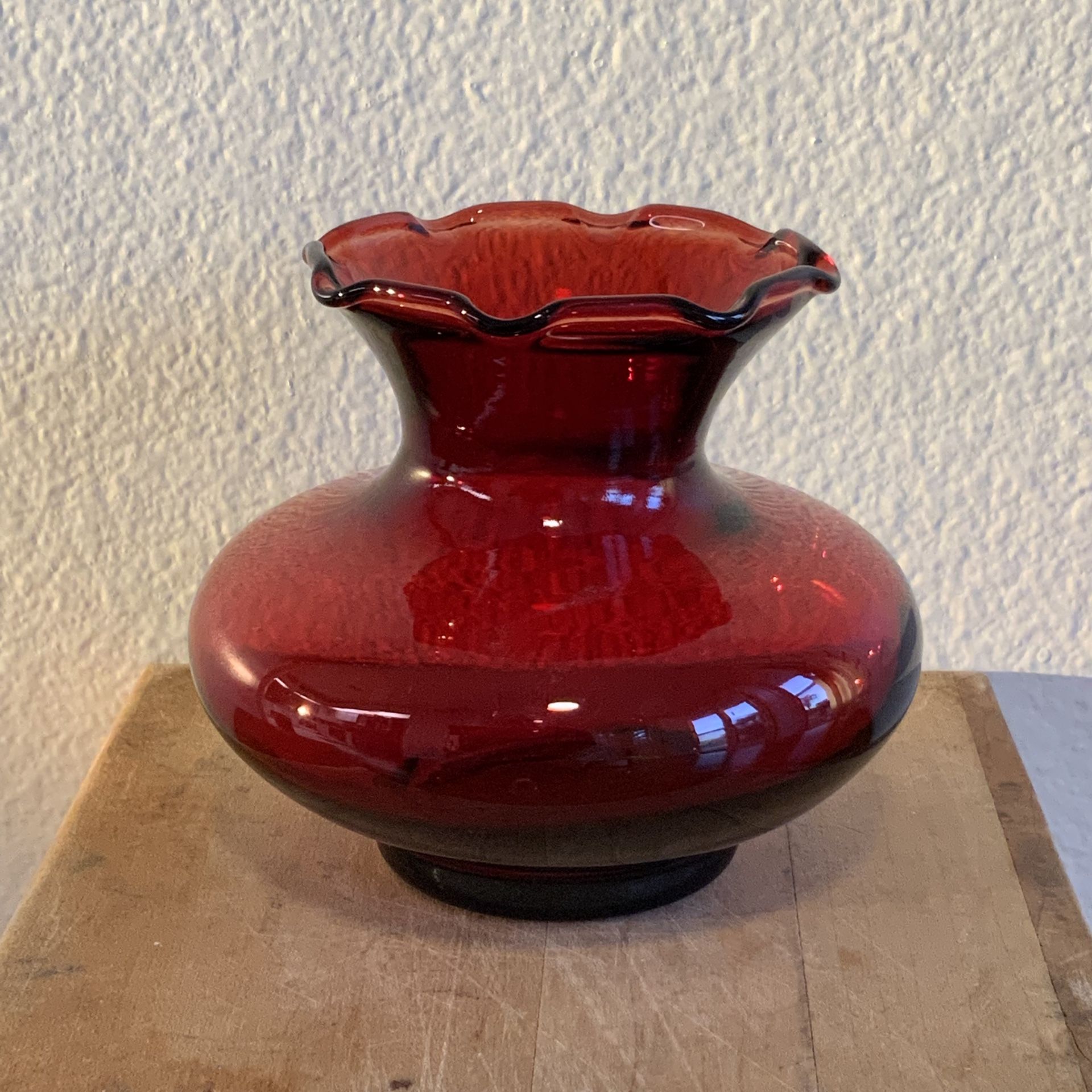 Vintage Mini Ruby Red Ruffled Glass Vase (Hand-Blown)