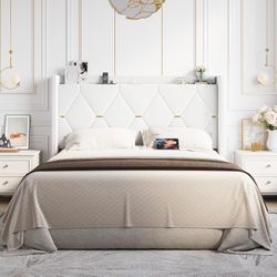 Queen Size Upholstered Bed Frame with Wingback Storage Headboard & Charging Station, Platform Bed with Diamond Tufted Design & Gold Trim, No Box Sprin