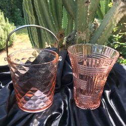 1930s Vintage  * PINK Depression Glass  * ICE BUCKET & VASE