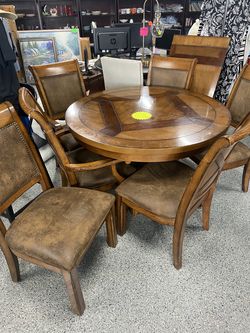 7-Pc Round Wood Dining Table Set w/ 6 Nailhead Trim Chairs