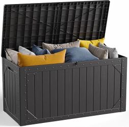 New Heavy Duty 100Gallon Outdoor Storage Box, Deck Box, Outdoor Storage Bench, Waterproof Resin Storage Bench with Lockable Lid, Patio Furniture Cushi